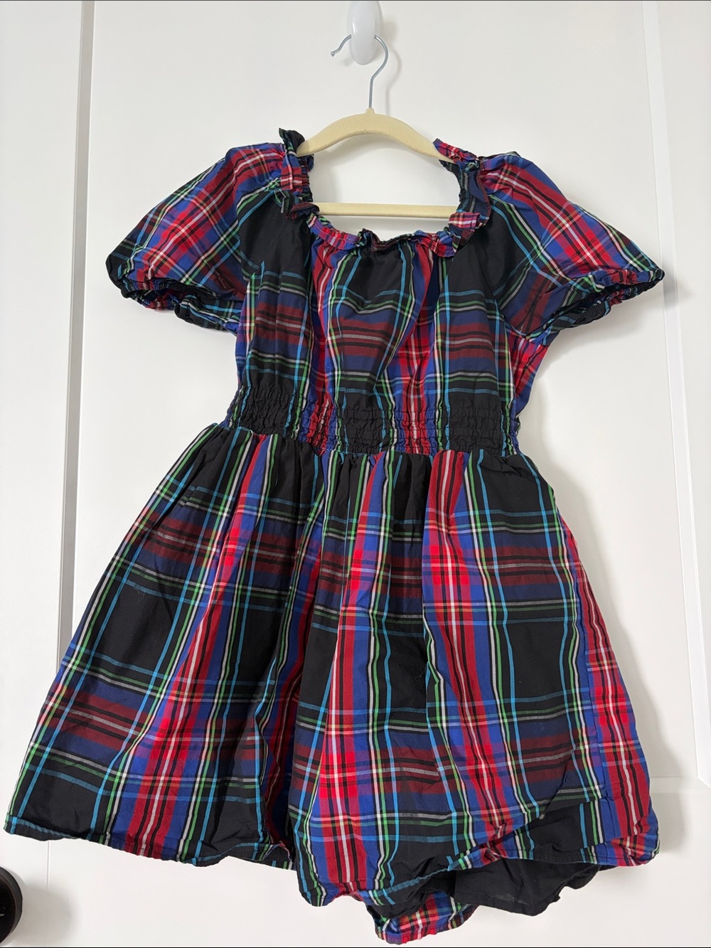 J. Crew Black Plaid Dress with Red, Blue, and Green Checks